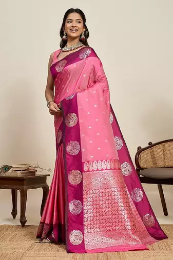 Rani pink zari work silk blend saree with blouse