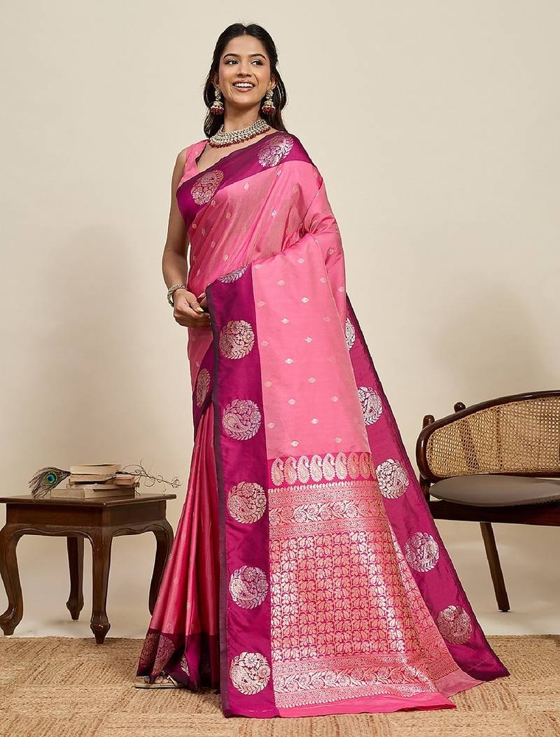 Rani pink zari work silk blend saree with blouse