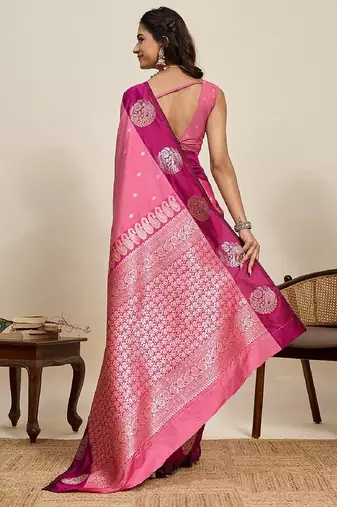 Rani pink zari work silk blend saree with blouse