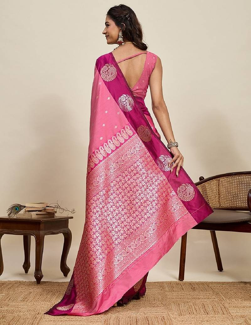 Rani pink zari work silk blend saree with blouse