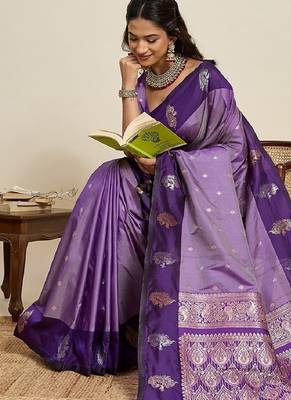 Purple zari work silk blend saree with blouse 1