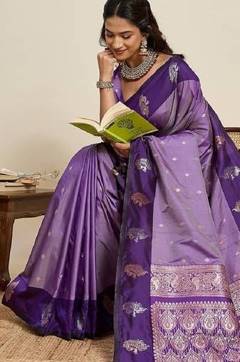 Purple zari work silk blend saree with blouse
