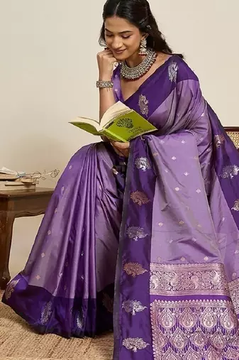 Purple zari work silk blend saree with blouse