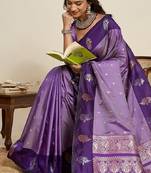 Purple zari work silk blend saree with blouse
