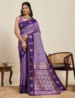 Purple zari work silk blend saree with blouse 2