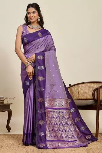 Purple zari work silk blend saree with blouse