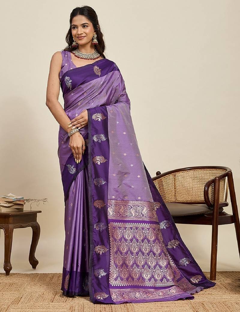 Purple zari work silk blend saree with blouse