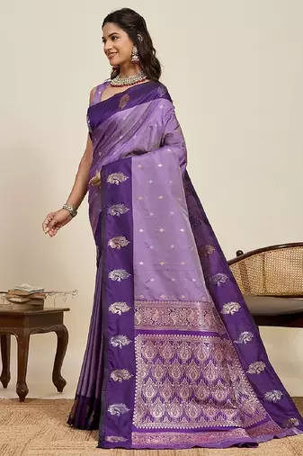 Purple zari work silk blend saree with blouse