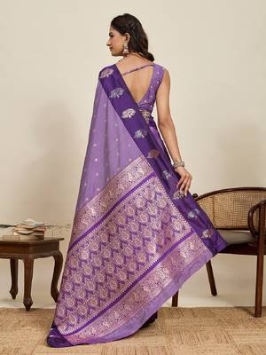 Purple zari work silk blend saree with blouse 4
