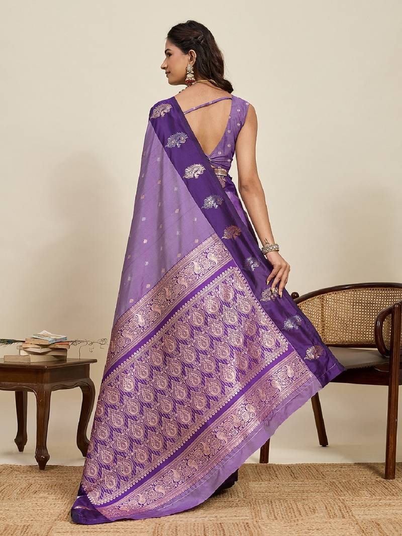 Purple zari work silk blend saree with blouse