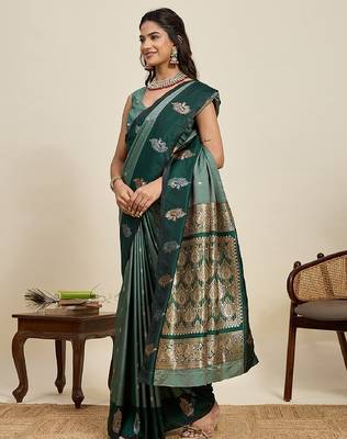 Dark green zari work silk blend saree with blouse 1