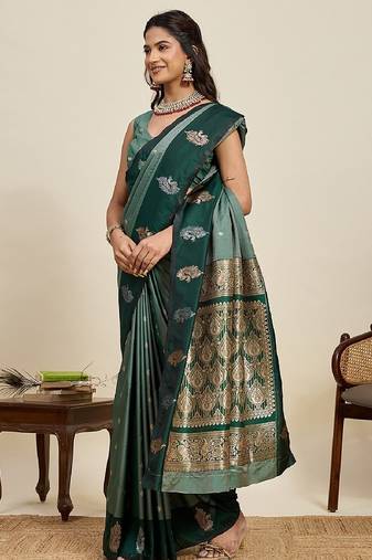 Dark green zari work silk blend saree with blouse