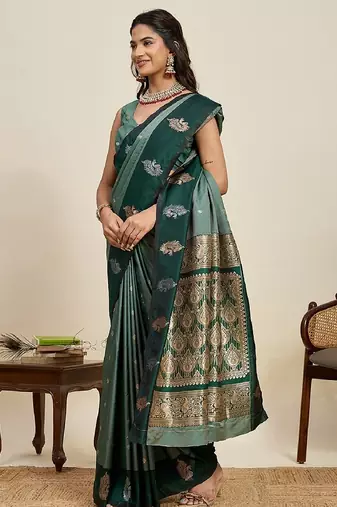 Dark green zari work silk blend saree with blouse