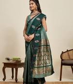 Dark green zari work silk blend saree with blouse