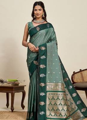 Dark green zari work silk blend saree with blouse 2