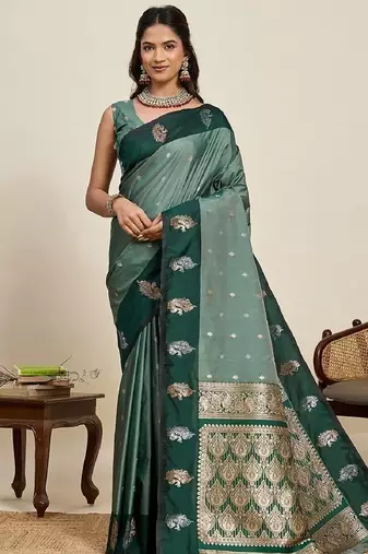 Dark green zari work silk blend saree with blouse