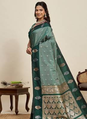 Dark green zari work silk blend saree with blouse 3