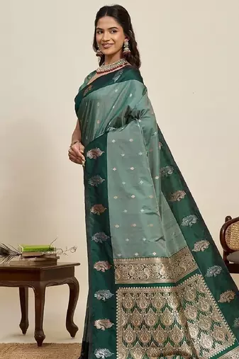 Dark green zari work silk blend saree with blouse