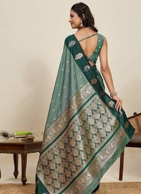 Dark green zari work silk blend saree with blouse 4