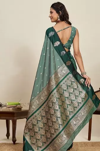 Dark green zari work silk blend saree with blouse