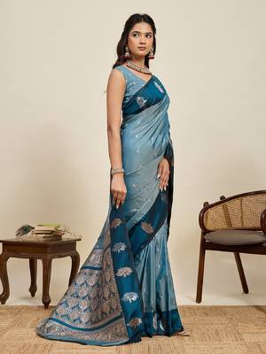 Blue zari work silk blend saree with blouse 1