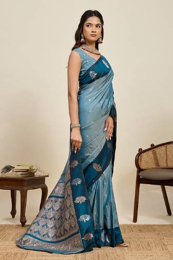 Blue zari work silk blend saree with blouse