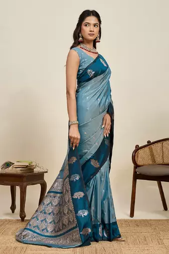 Blue zari work silk blend saree with blouse