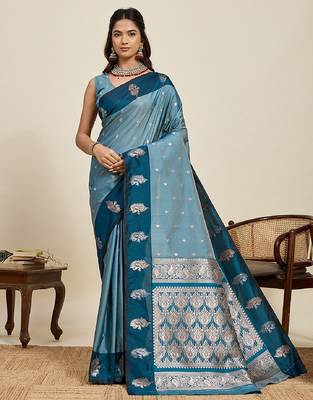 Blue zari work silk blend saree with blouse 2