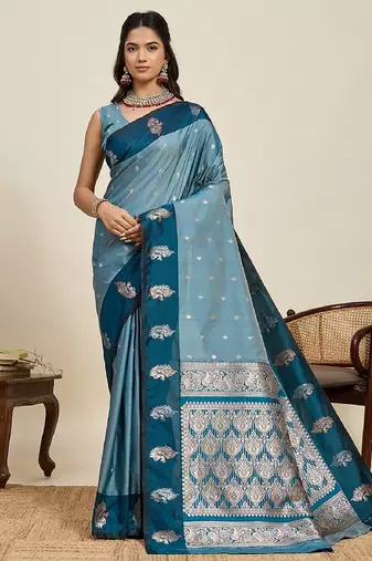 Blue zari work silk blend saree with blouse