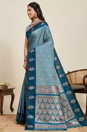 Blue zari work silk blend saree with blouse