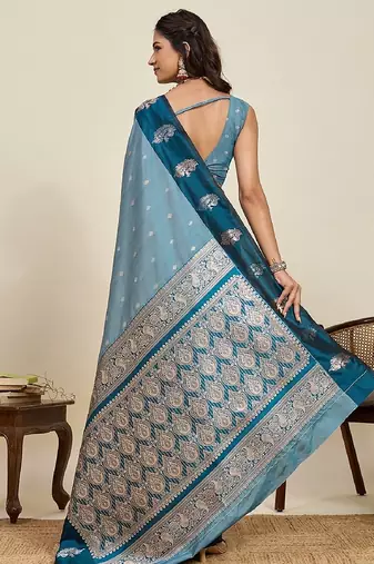 Blue zari work silk blend saree with blouse