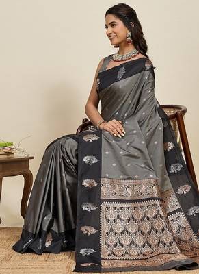 Black zari work silk blend saree with blouse 1