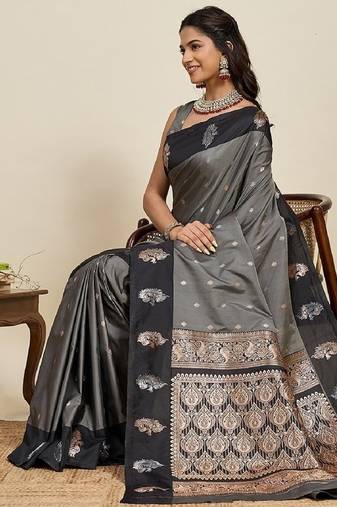 Black zari work silk blend saree with blouse