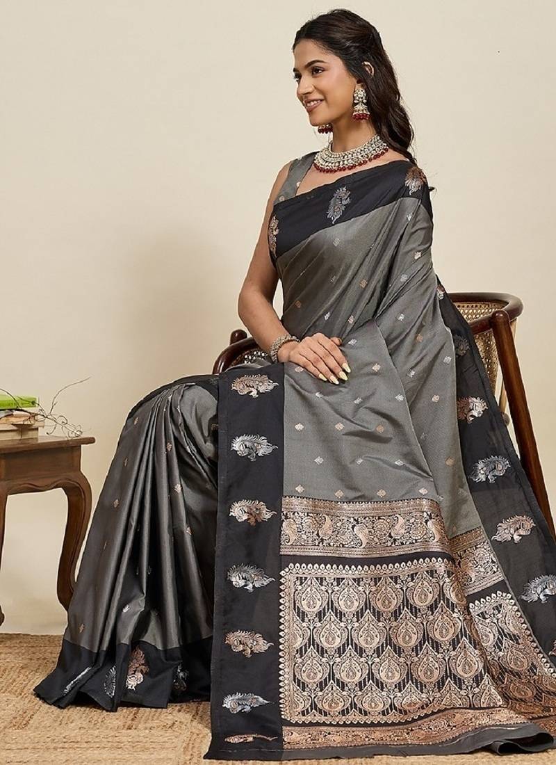 Black zari work silk blend saree with blouse