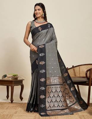 Black zari work silk blend saree with blouse 2