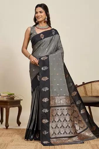 Black zari work silk blend saree with blouse