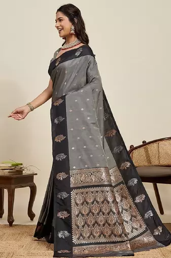 Black zari work silk blend saree with blouse
