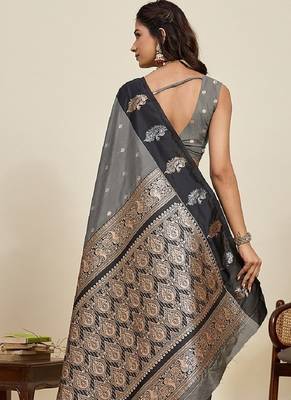 Black zari work silk blend saree with blouse 4