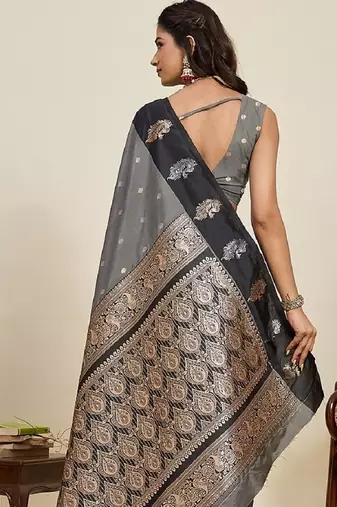 Black zari work silk blend saree with blouse