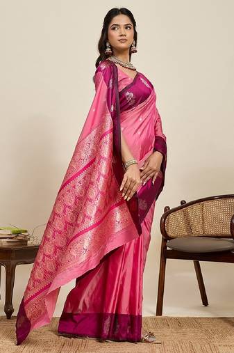 Rani pink zari work silk blend saree with blouse