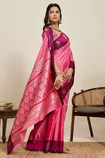 Rani pink zari work silk blend saree with blouse