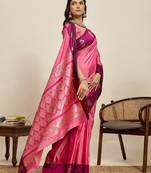 Rani pink zari work silk blend saree with blouse