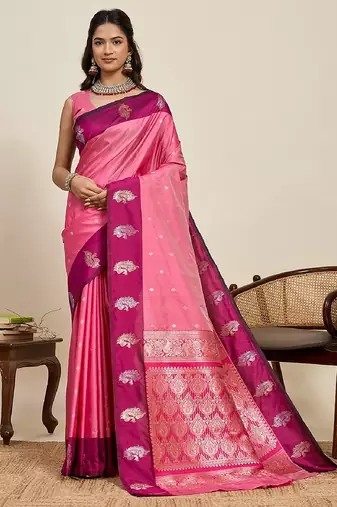 Rani pink zari work silk blend saree with blouse