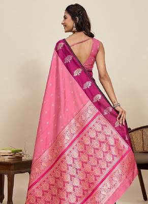 Rani pink zari work silk blend saree with blouse 4