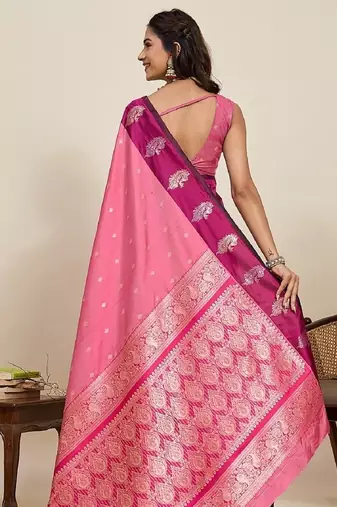 Rani pink zari work silk blend saree with blouse