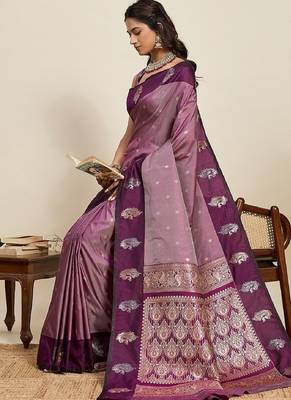 Wine zari work silk blend saree with blouse 2