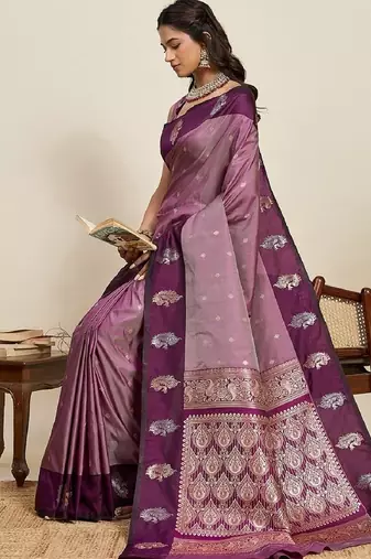 Wine zari work silk blend saree with blouse