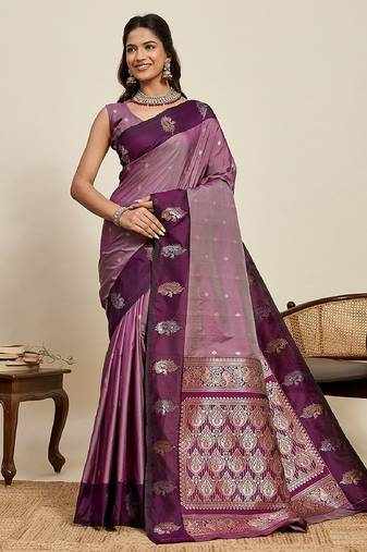 Wine zari work silk blend saree with blouse