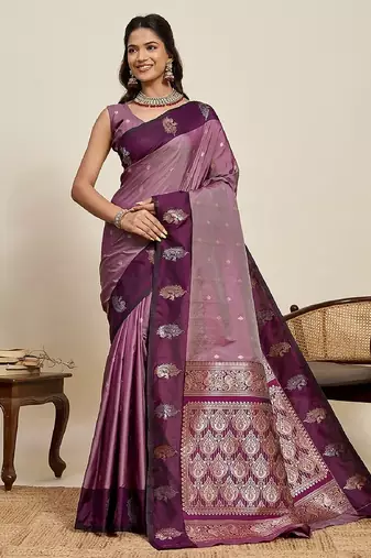 Wine zari work silk blend saree with blouse