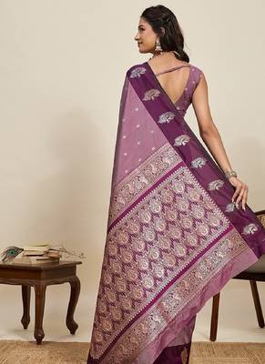 Wine zari work silk blend saree with blouse 4